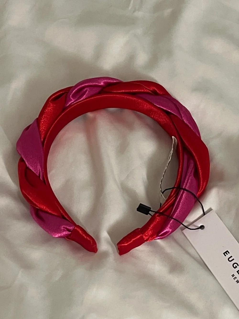 Eugenia Kim | Two-Tone Braided Satin Headband in Red & Pink